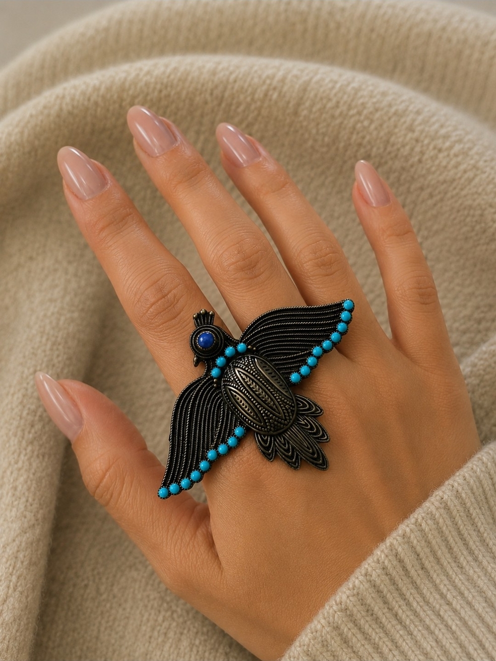 Black and Turquoise Phonneix 2 Finger Statement Ring